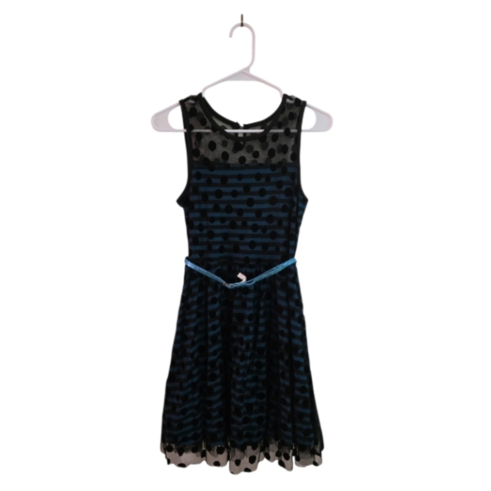 Knit Works Girls Black and Blue Polka Dot Dress,  Size 16
